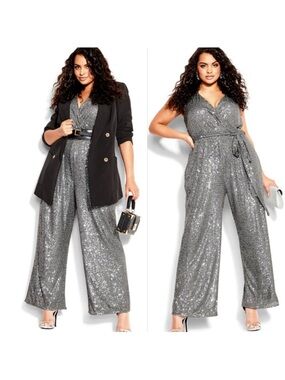 City Chic Gunmetal Sequin Wide Leg Jumpsuit Size 16 NWT
